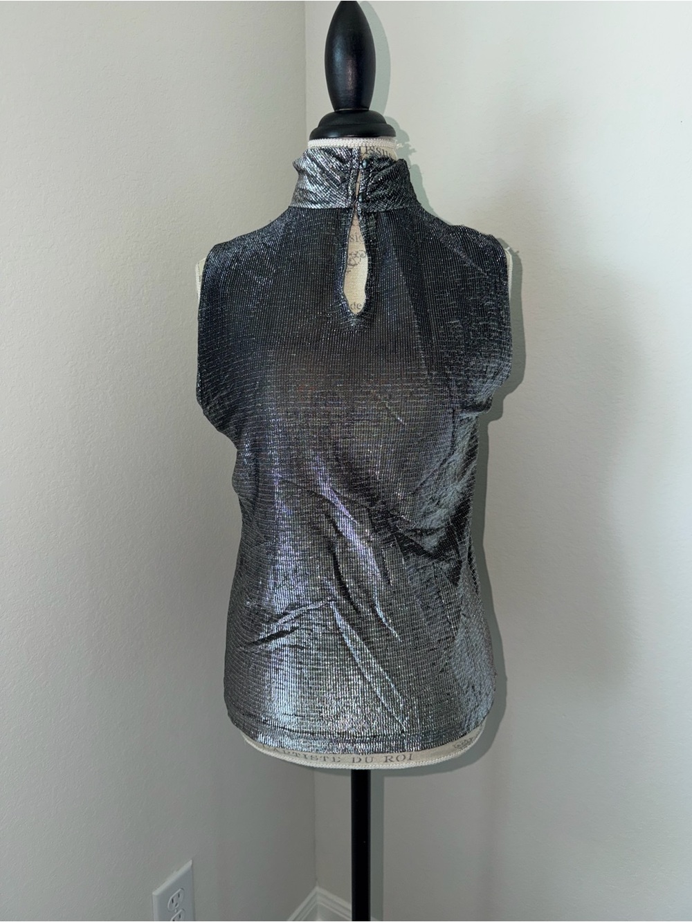 Metallic Silver Mock-Neck Sleeveless Top